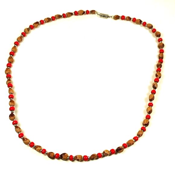 Red Brown Beaded Necklace  Statement Jewelry – Bold Round Religious Beads - Picture 1 of 4